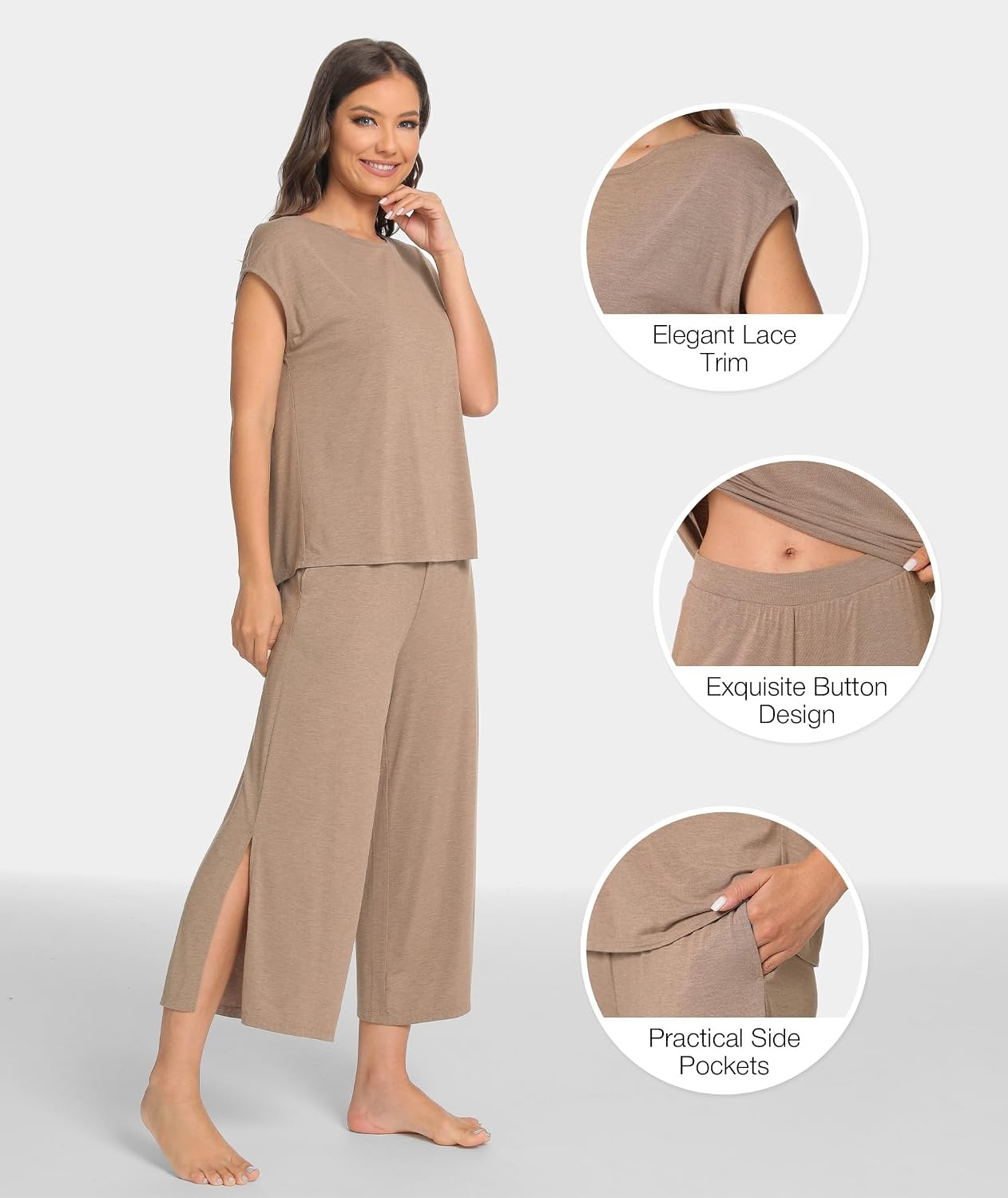 image:imageGYS Bamboo Viscose Pajamas for Women Set Summer Capri Pajamas SleepwearCamel