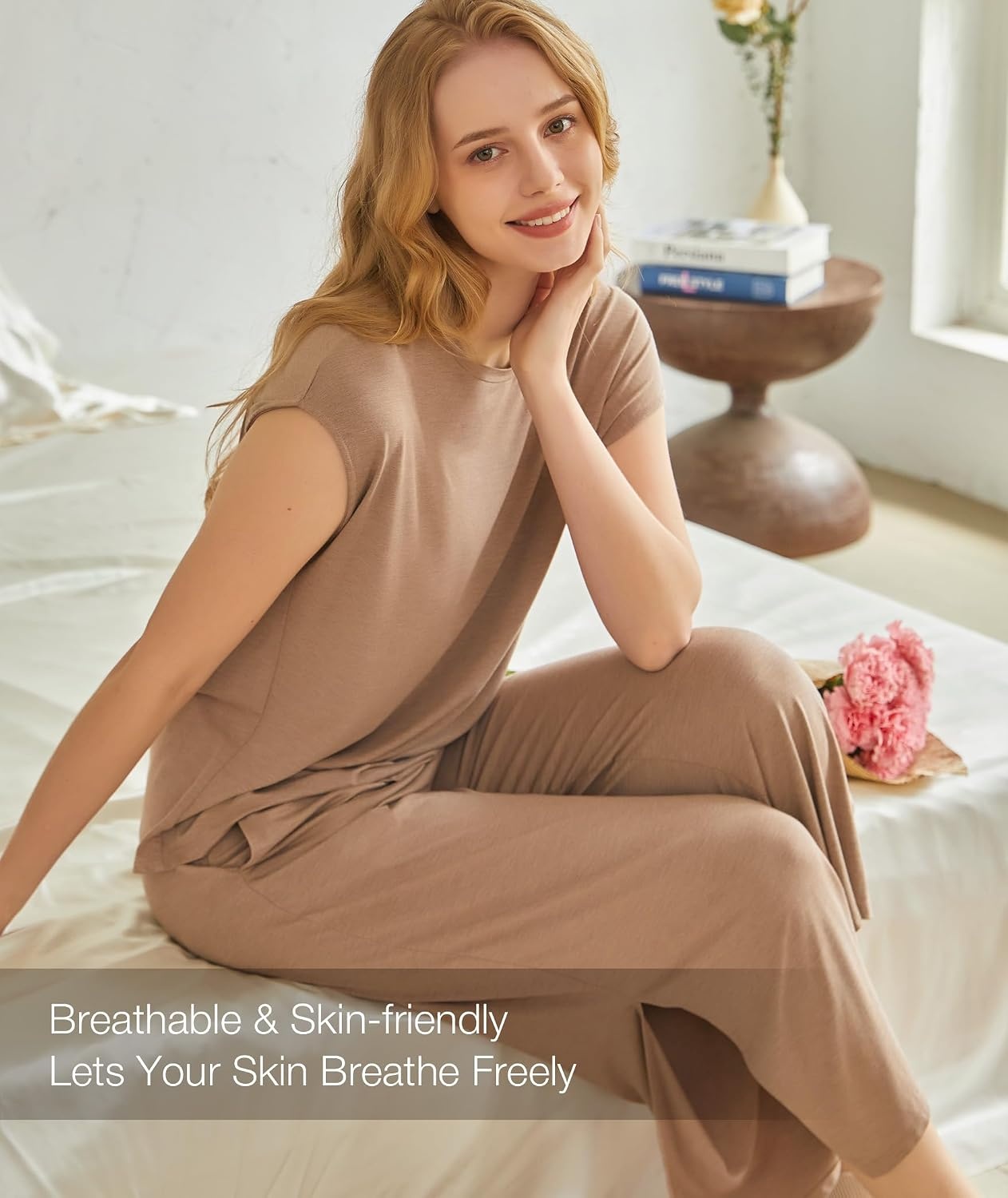 image:imageGYS Bamboo Viscose Pajamas for Women Set Summer Capri Pajamas SleepwearCamel