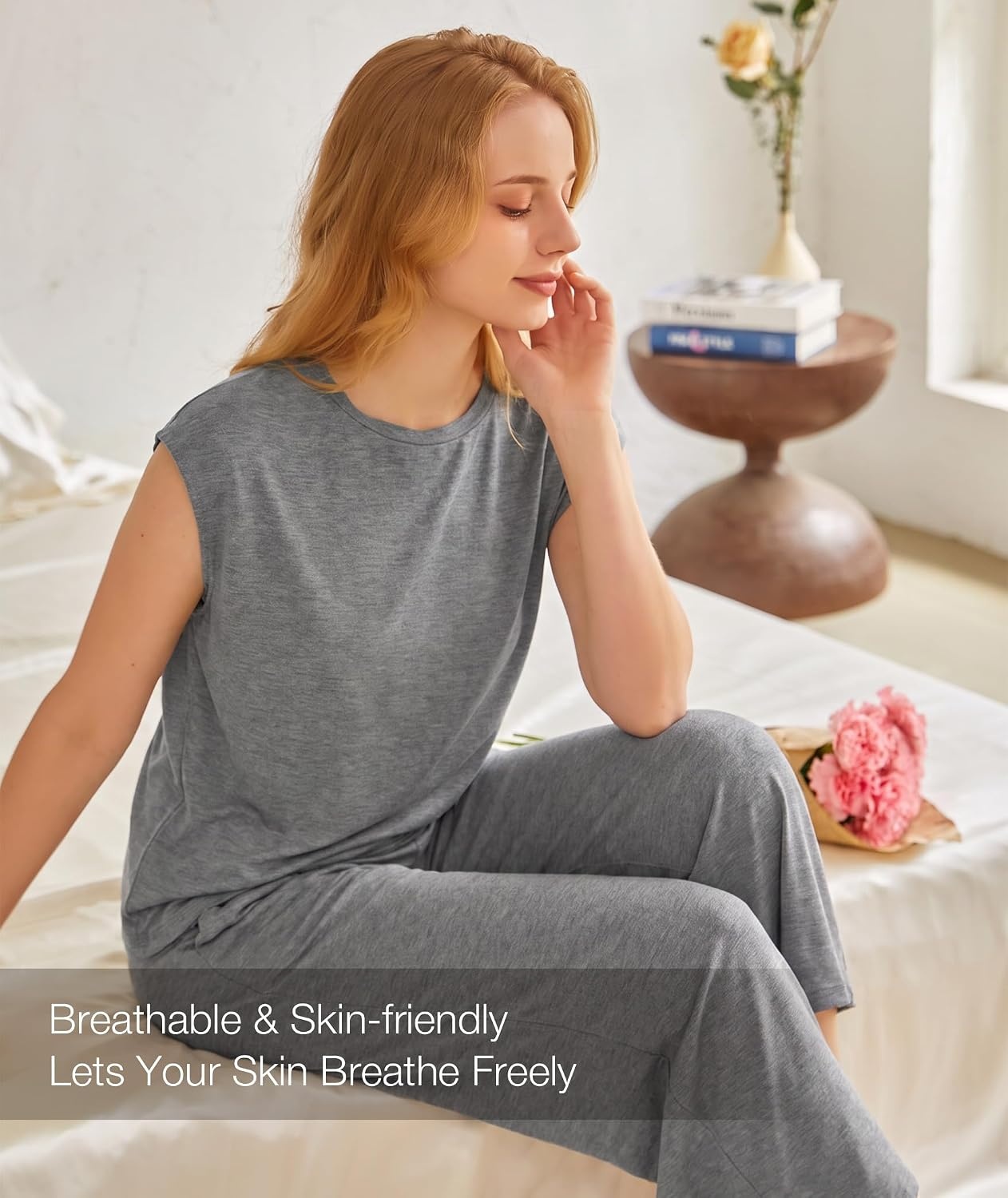 image:imageGYS Bamboo Viscose Pajamas for Women Set Summer Capri Pajamas SleepwearDark Heather Grey