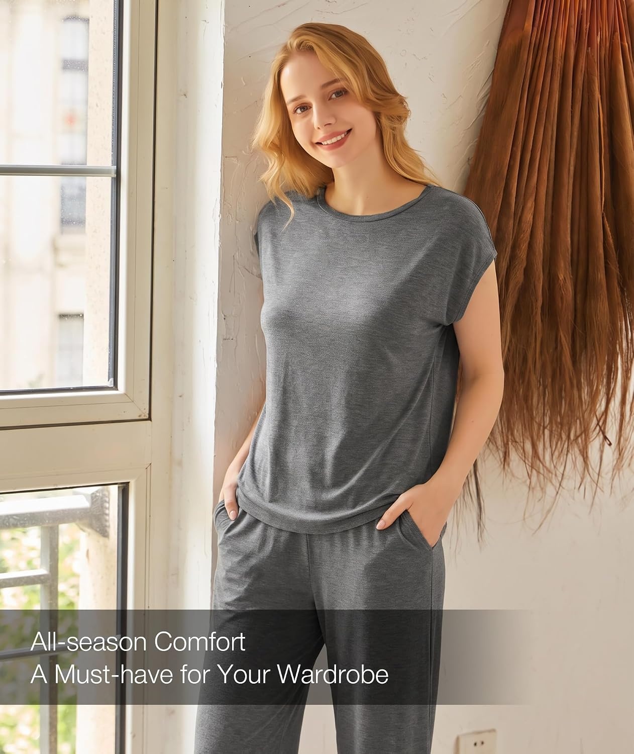 image:imageGYS Bamboo Viscose Pajamas for Women Set Summer Capri Pajamas SleepwearDark Heather Grey