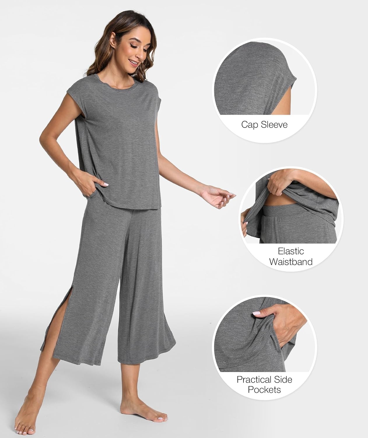 image:imageGYS Bamboo Viscose Pajamas for Women Set Summer Capri Pajamas SleepwearDark Heather Grey