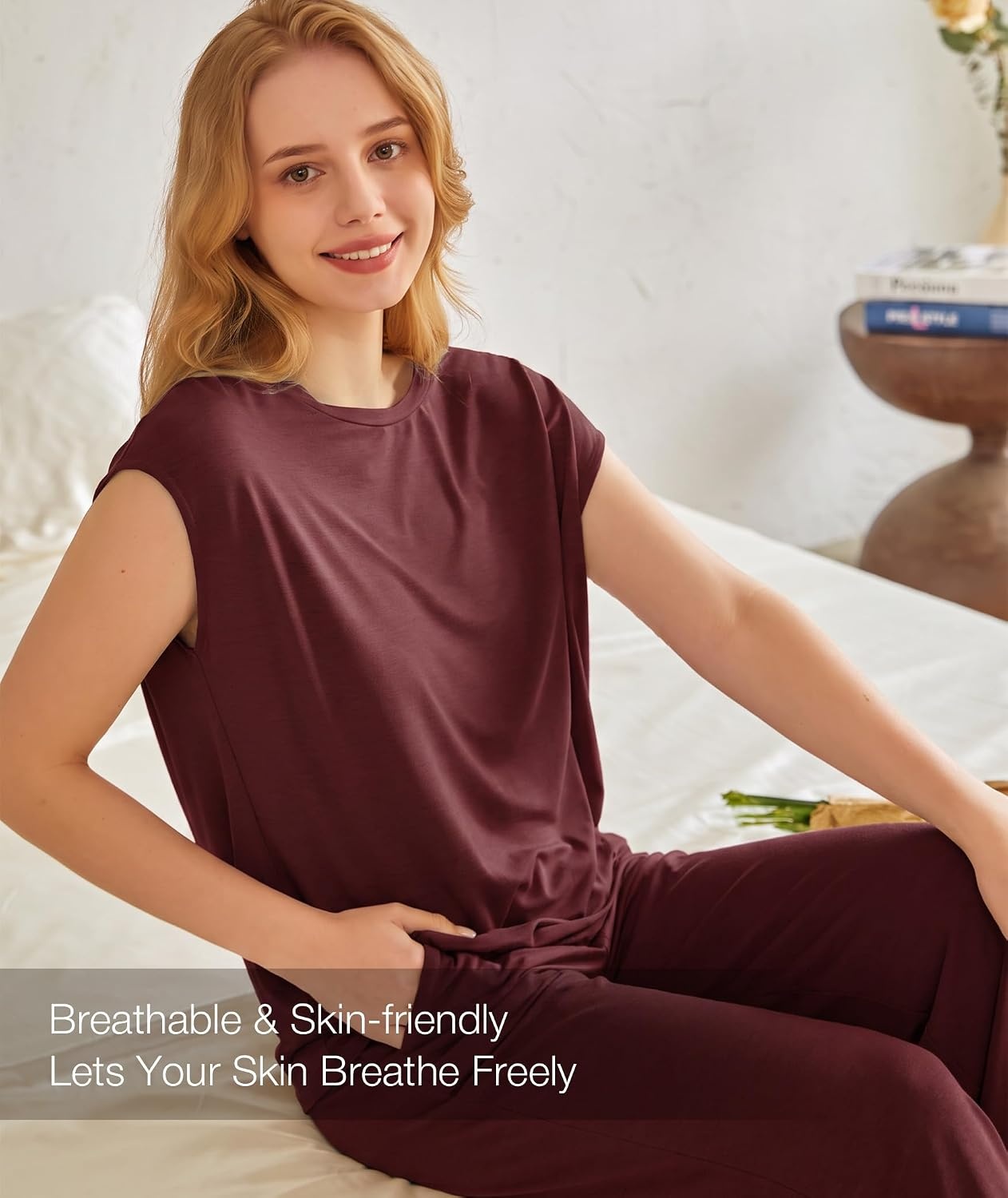 image:imageGYS Bamboo Viscose Pajamas for Women Set Summer Capri Pajamas SleepwearFicus Red