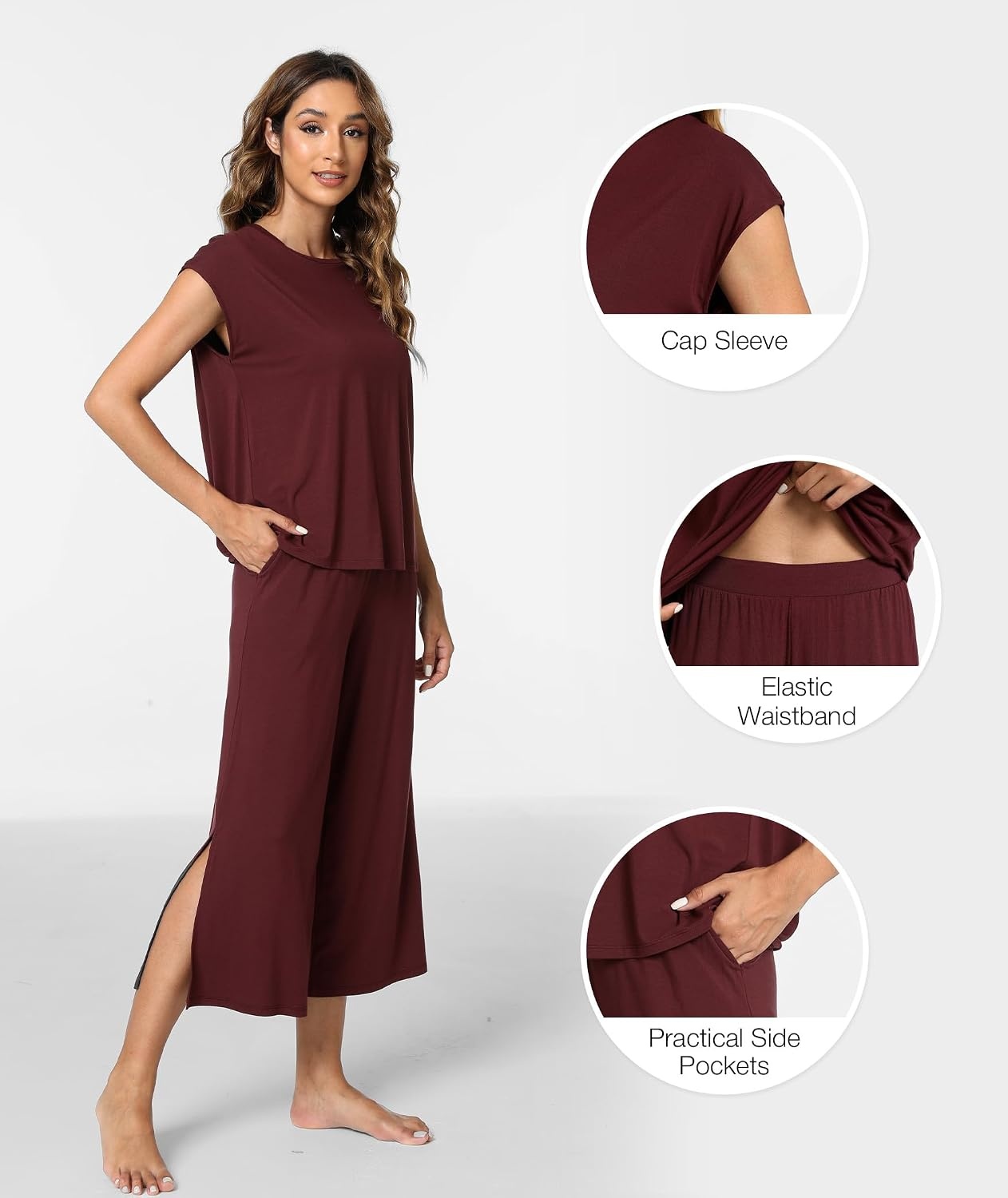 image:imageGYS Bamboo Viscose Pajamas for Women Set Summer Capri Pajamas SleepwearFicus Red
