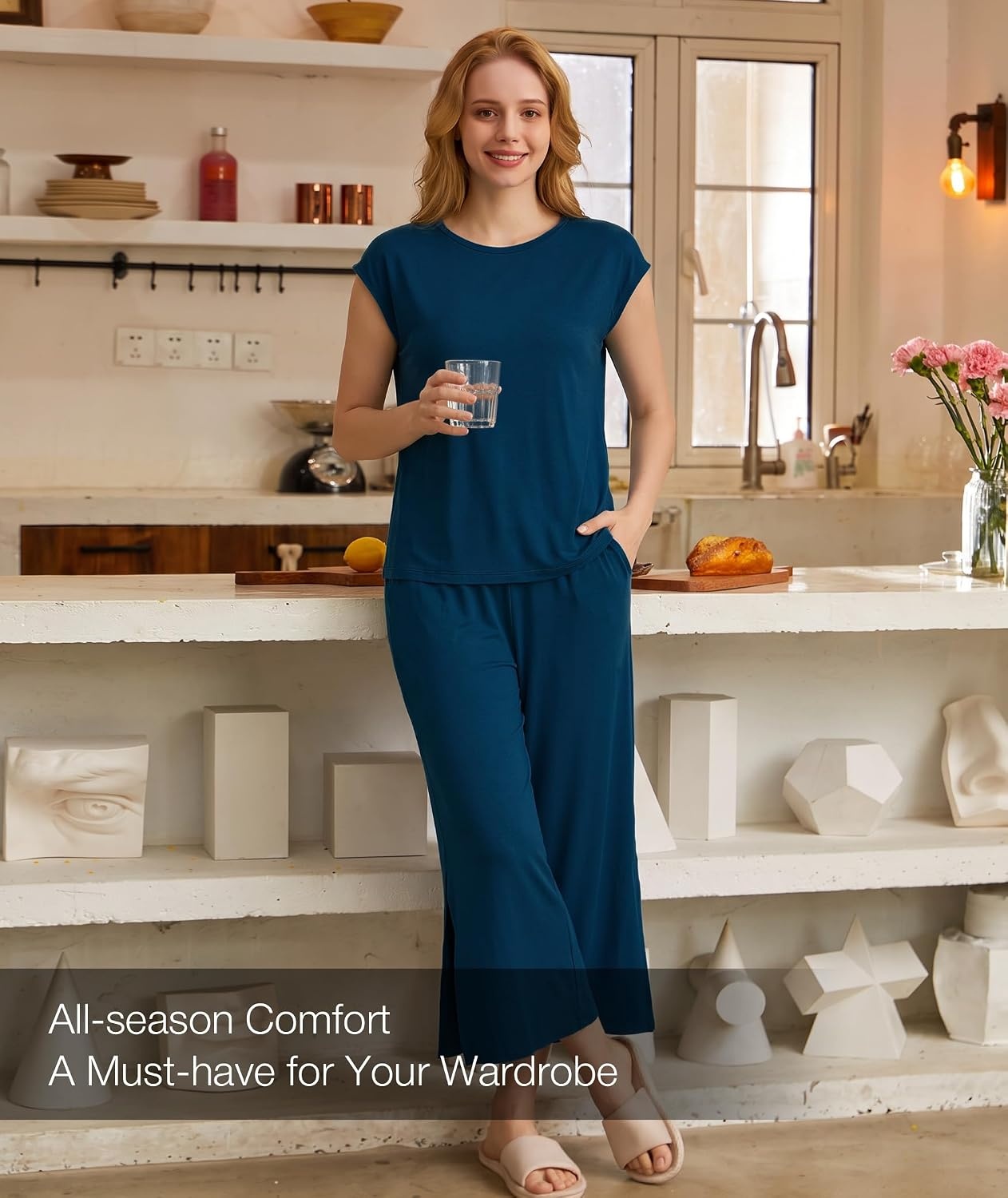 image:imageGYS Bamboo Viscose Pajamas for Women Set Summer Capri Pajamas SleepwearInk Blue