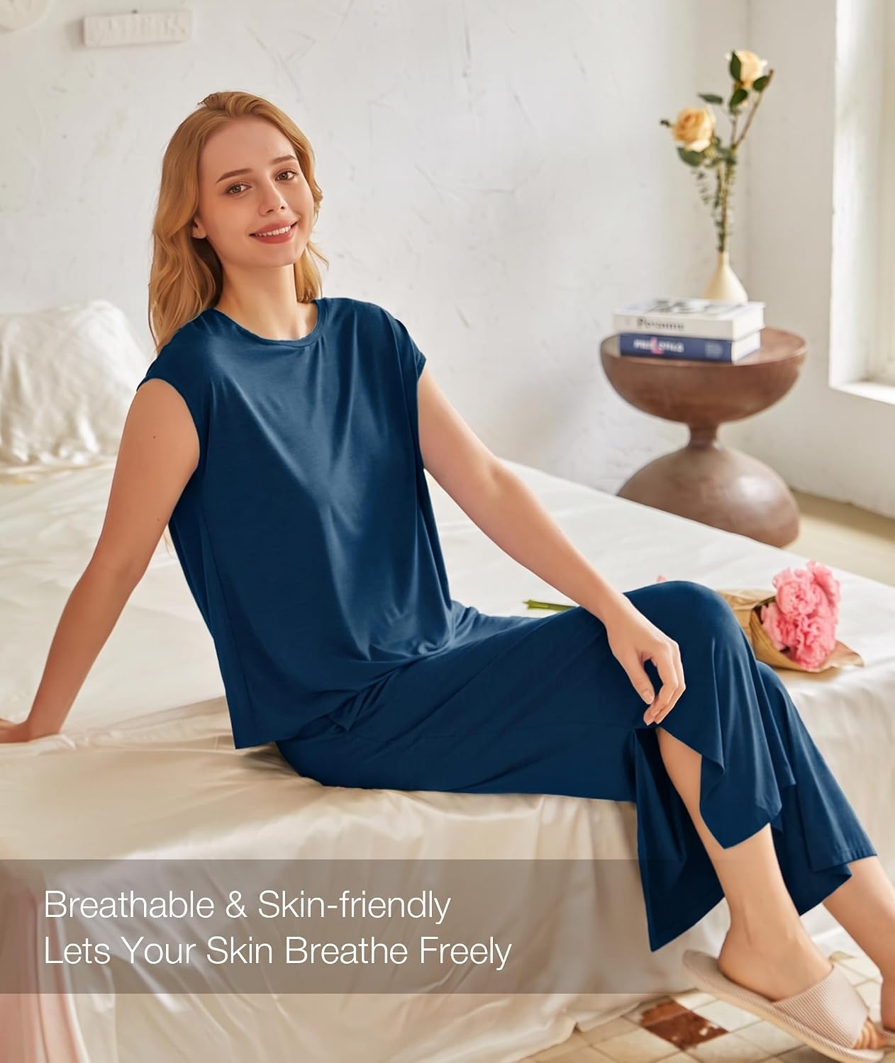 image:imageGYS Bamboo Viscose Pajamas for Women Set Summer Capri Pajamas SleepwearInk Blue
