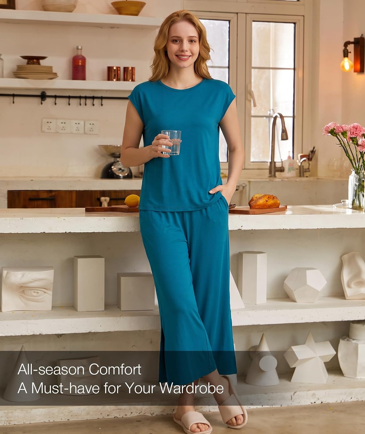 image:imageGYS Bamboo Viscose Pajamas for Women Set Summer Capri Pajamas SleepwearTeal Blue