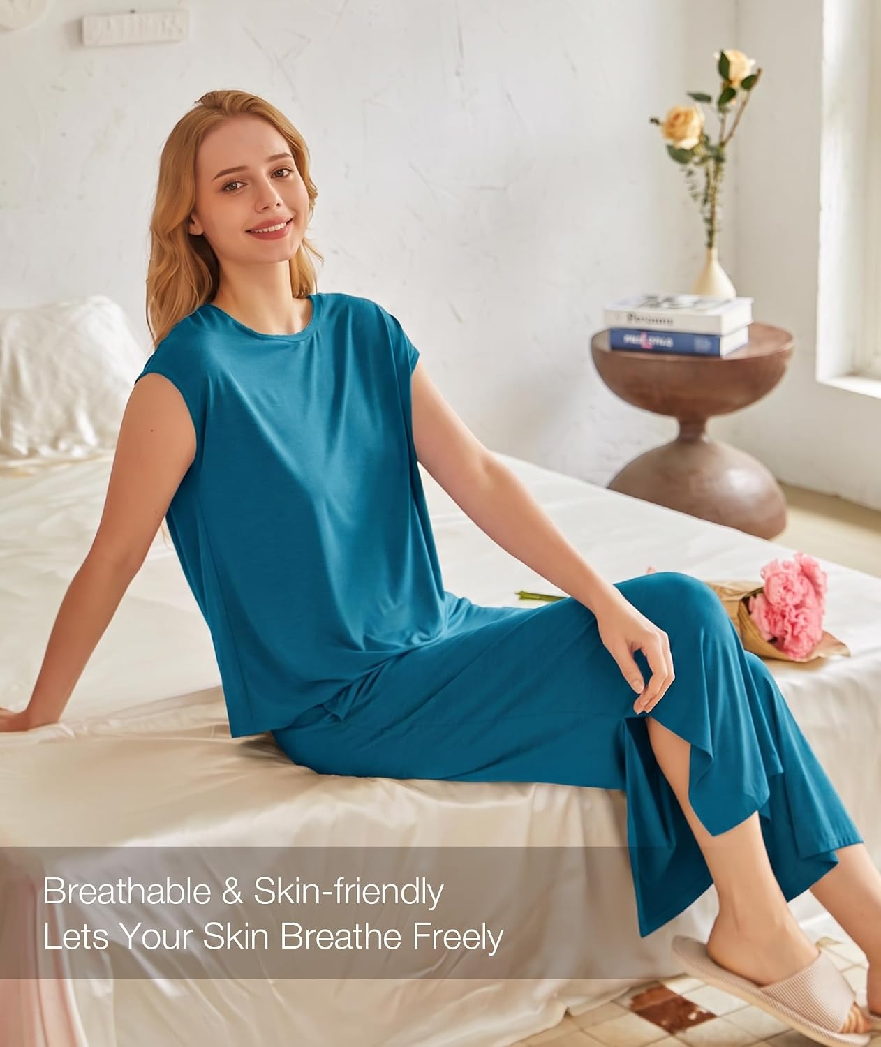 image:imageGYS Bamboo Viscose Pajamas for Women Set Summer Capri Pajamas SleepwearTeal Blue