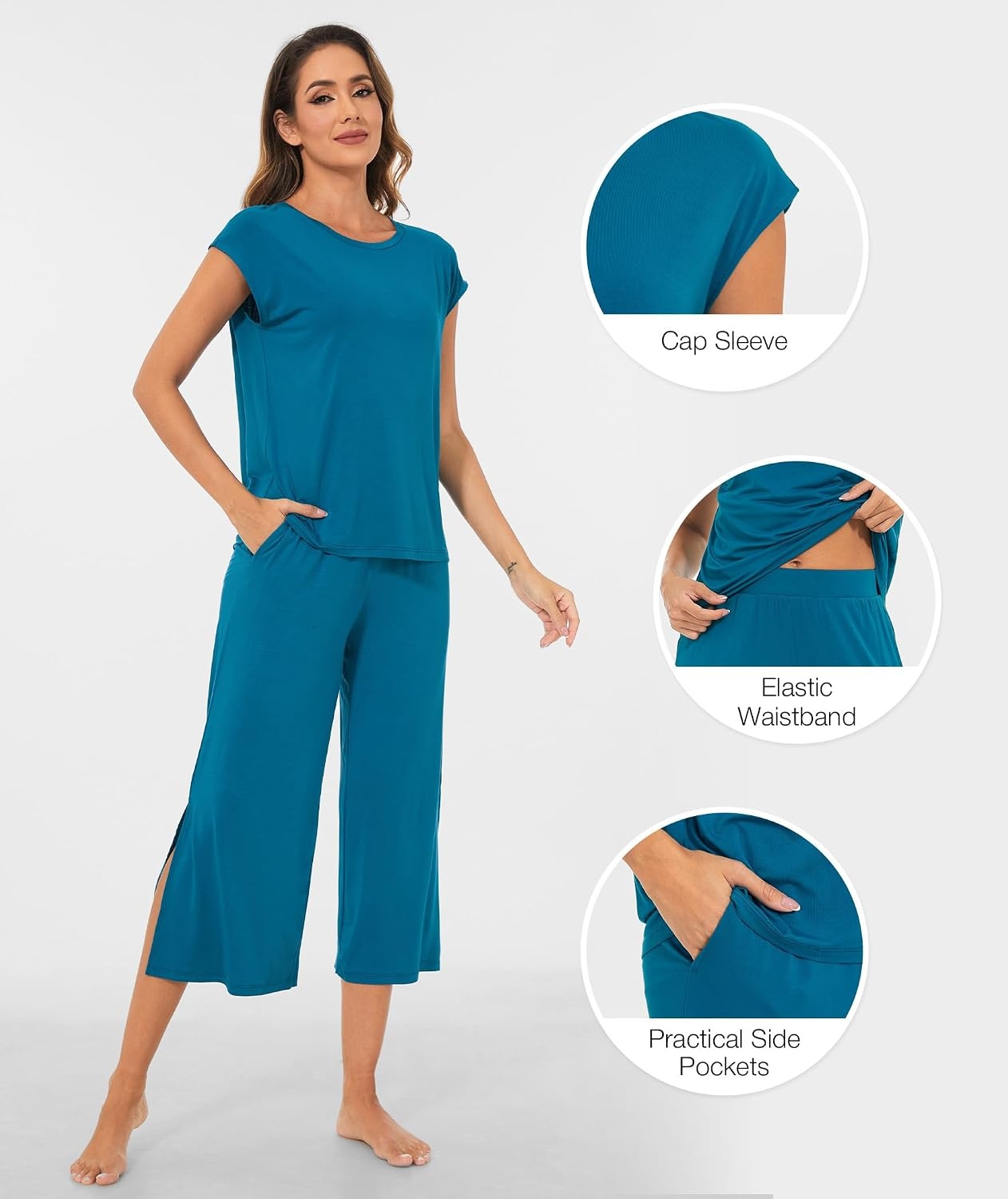 image:imageGYS Bamboo Viscose Pajamas for Women Set Summer Capri Pajamas SleepwearTeal Blue