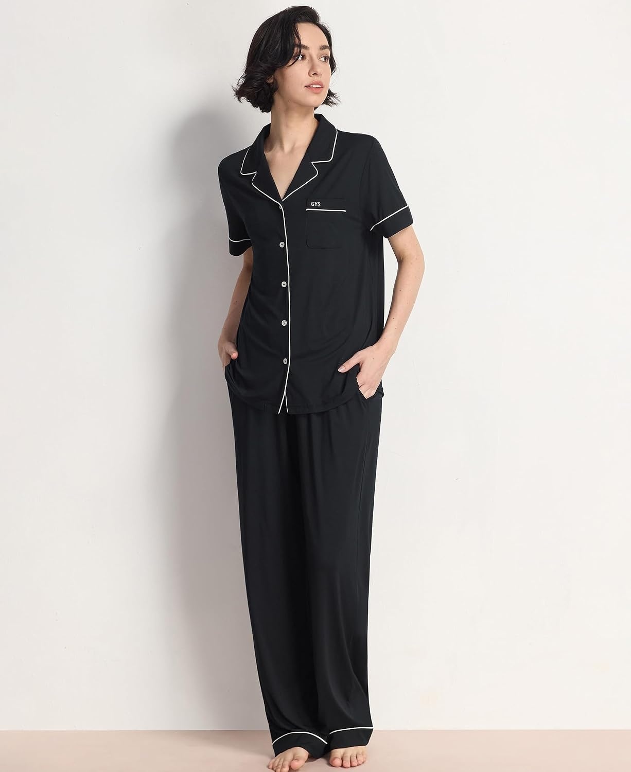 image:imageGYS Womens Bamboo Viscose Cooling Notch Collar Button Down Pajama SetBlack