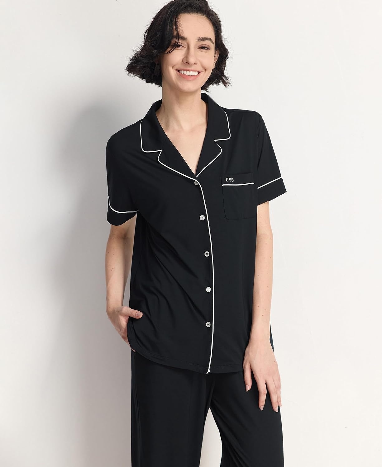 image:imageGYS Womens Bamboo Viscose Cooling Notch Collar Button Down Pajama SetBlack