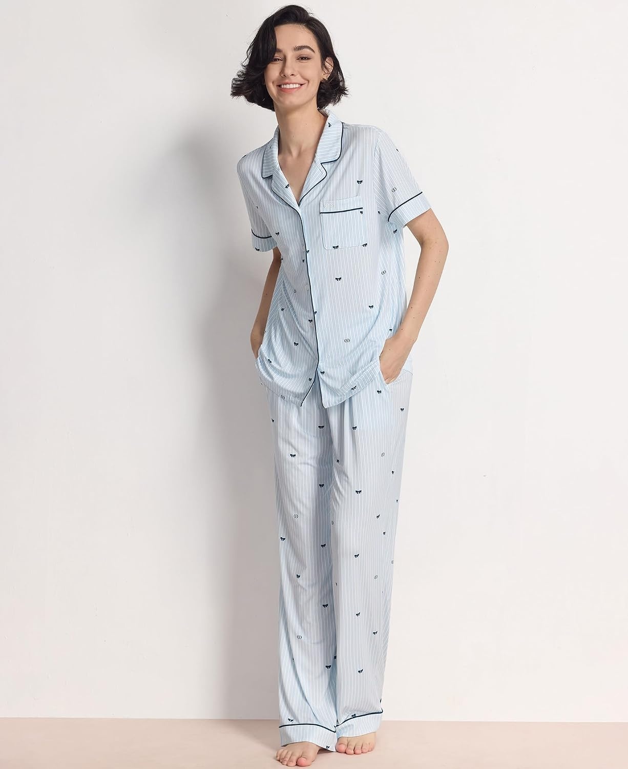 image:imageGYS Womens Bamboo Viscose Cooling Notch Collar Button Down Pajama SetBlue Stripes