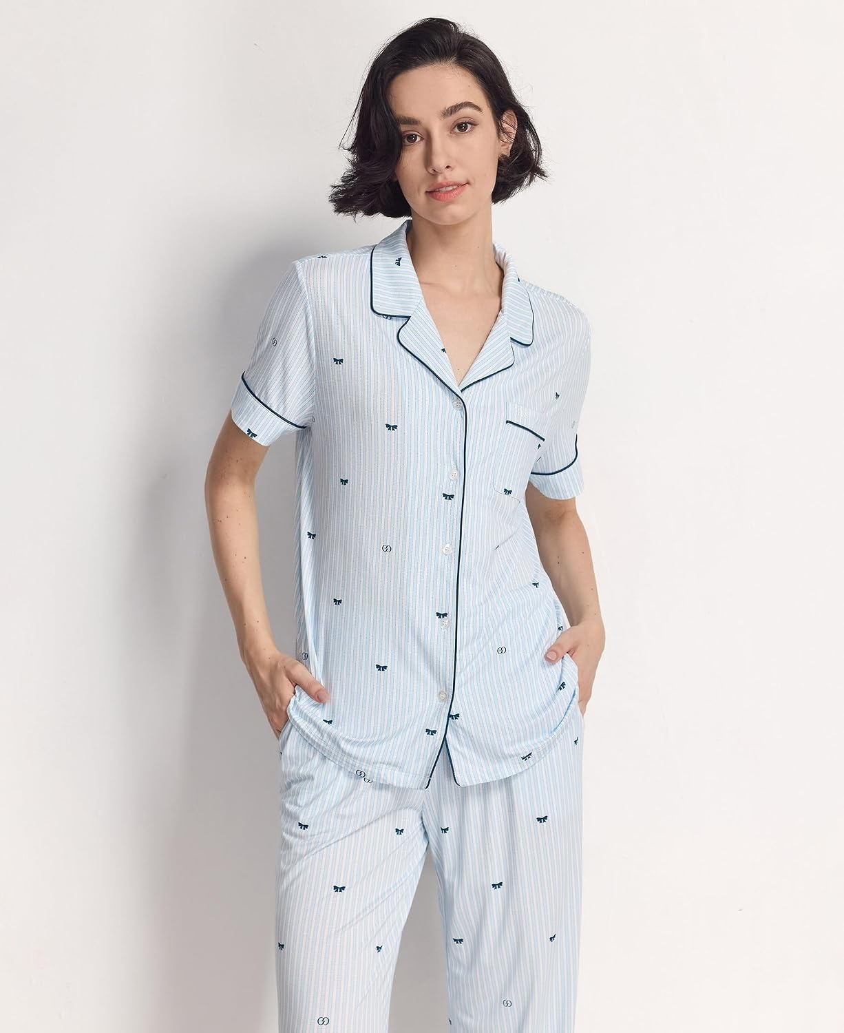 image:imageGYS Womens Bamboo Viscose Cooling Notch Collar Button Down Pajama SetBlue Stripes