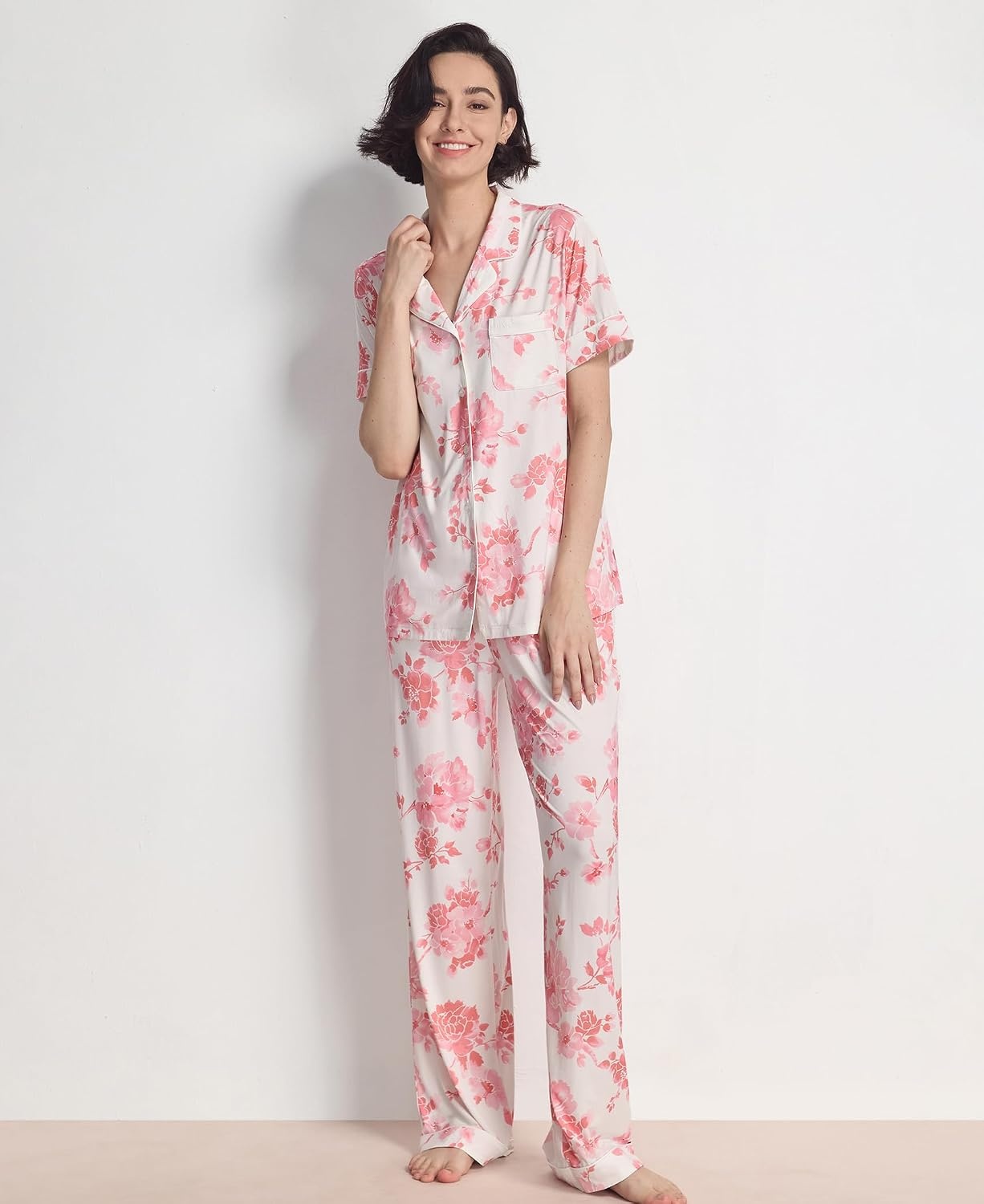 image:imageGYS Womens Bamboo Viscose Cooling Notch Collar Button Down Pajama SetPeony