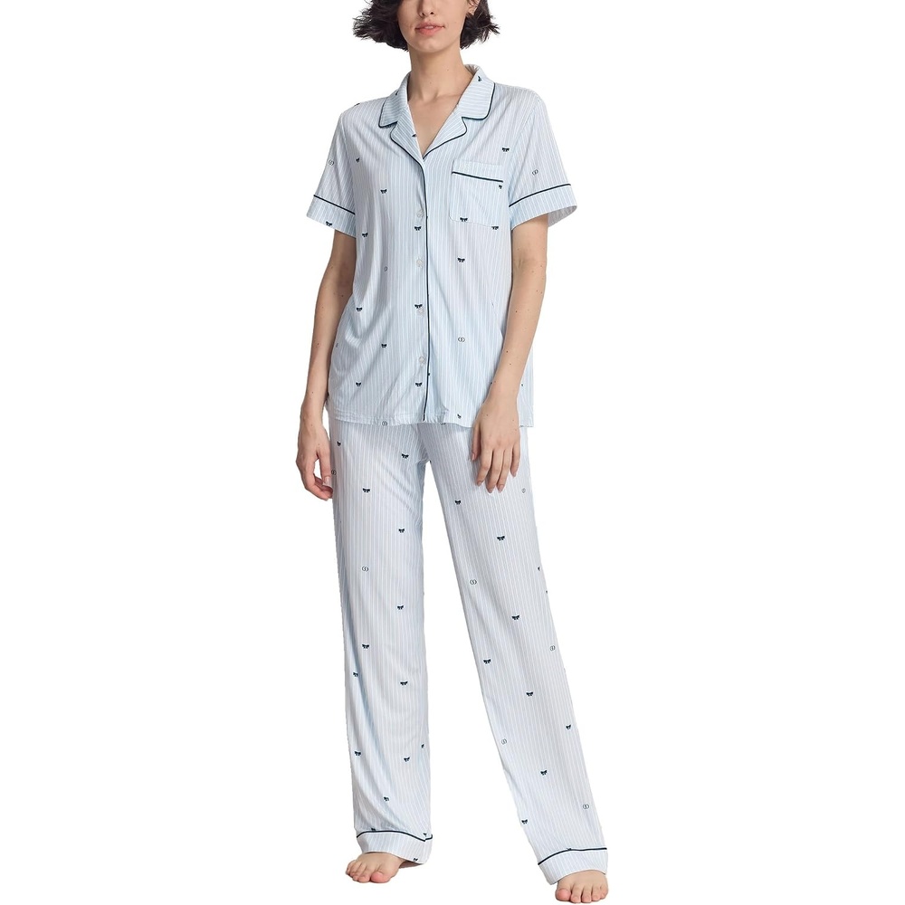 image:imageGYS Womens Bamboo Viscose Cooling Notch Collar Button Down Pajama SetBlue Stripes