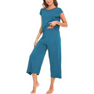 GYS Bamboo Viscose Pajamas for Women Set, Summer Capri Pajamas Sleepwear(Teal Blue)