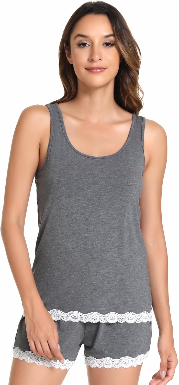 image:imageGYS Bamboo Viscose Tank Pajamas for Women Cooling Pjs Set for Hot FlashesDark Heather Grey
