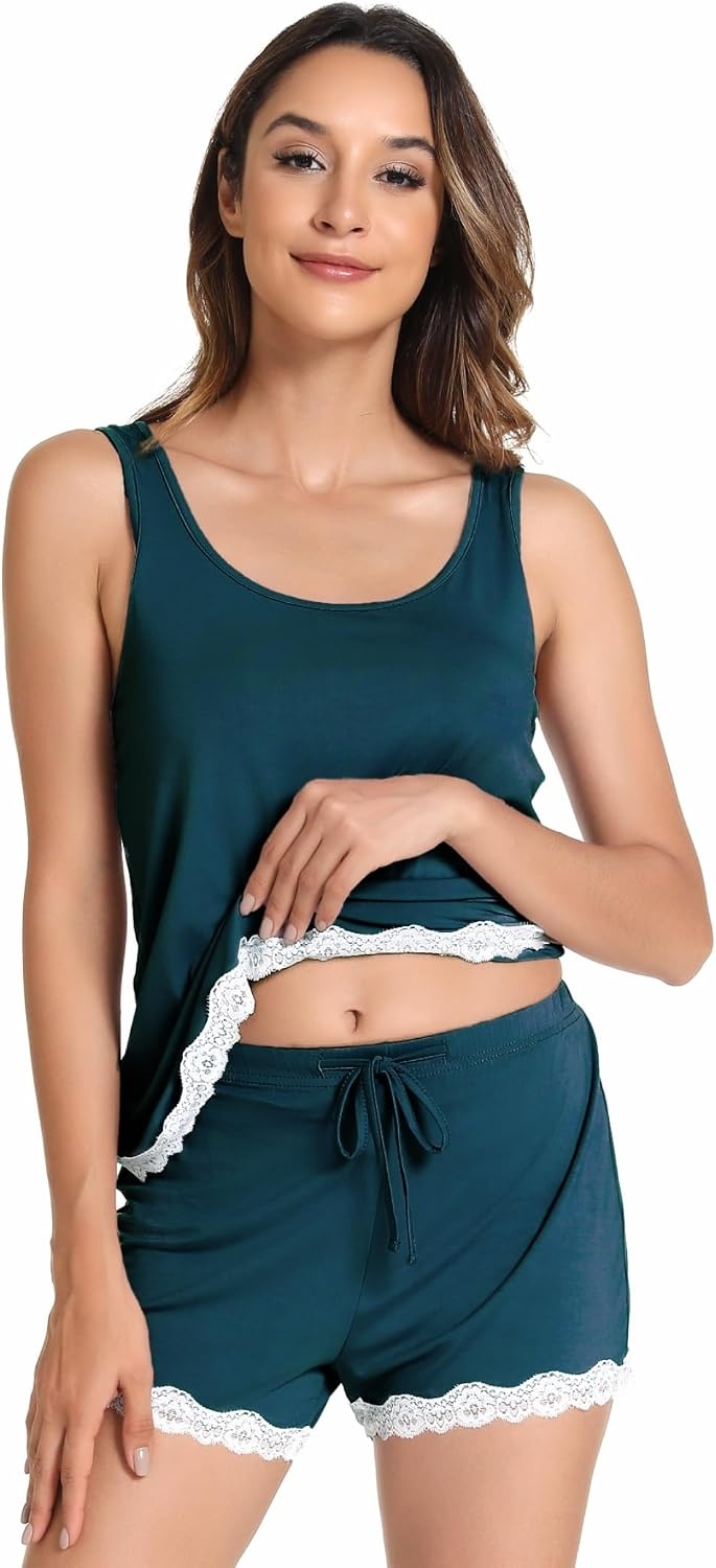 image:imageGYS Bamboo Viscose Tank Pajamas for Women Cooling Pjs Set for Hot FlashesPeacock Blue