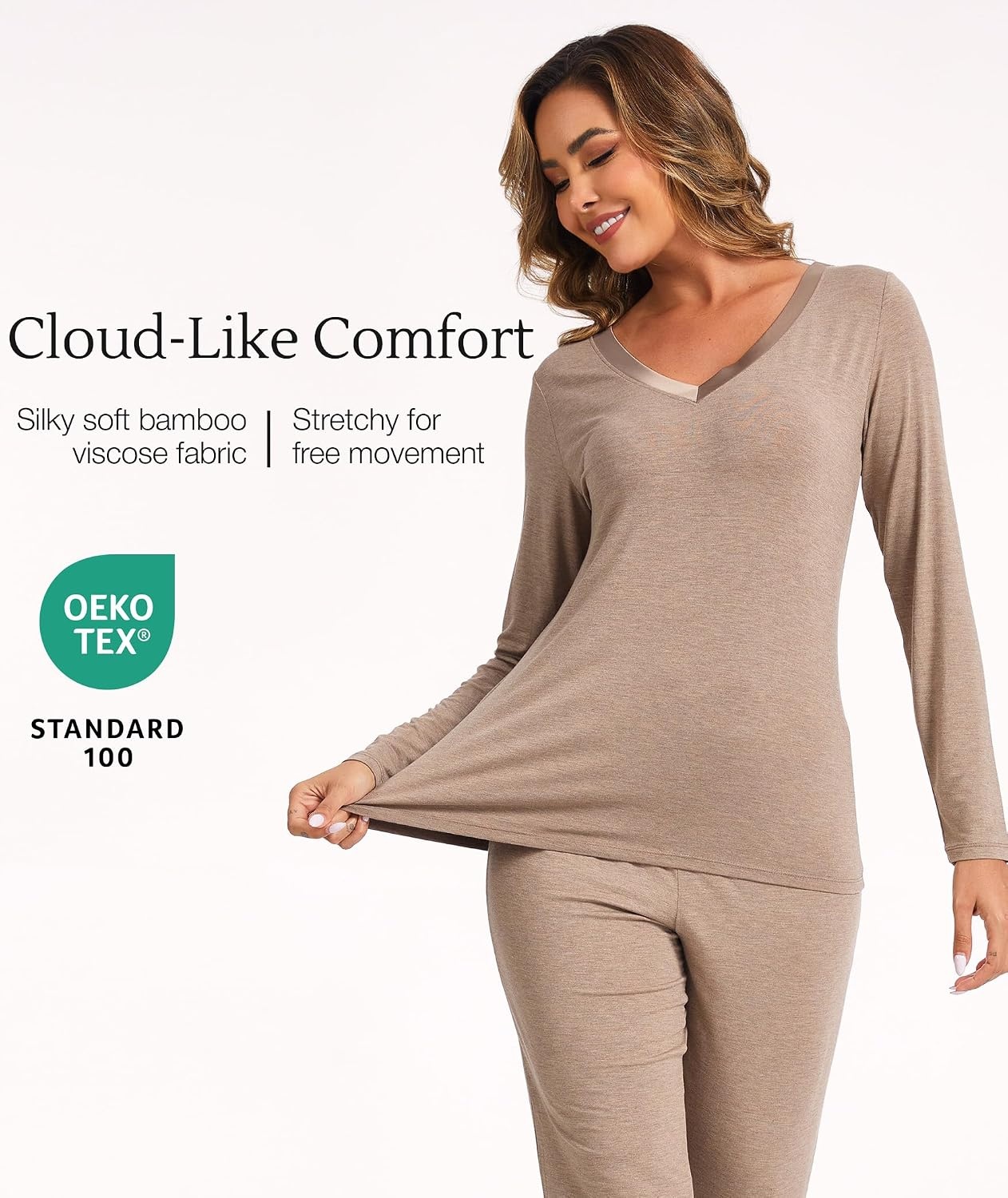 image:imageGYS Womens Bamboo Viscose Long Sleeve Pajamas SetCamel