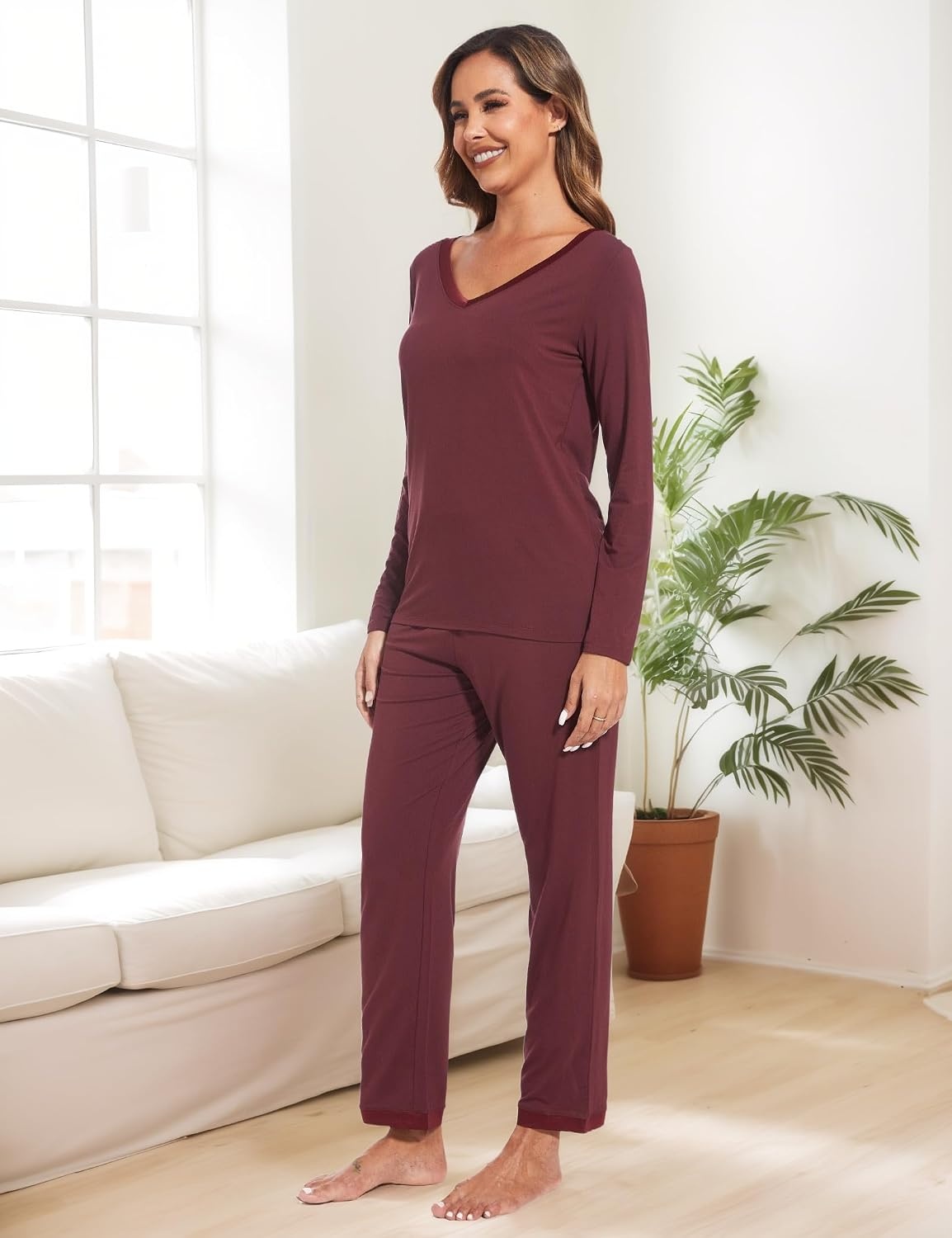 image:imageGYS Womens Bamboo Viscose Long Sleeve Pajamas SetFicus Red