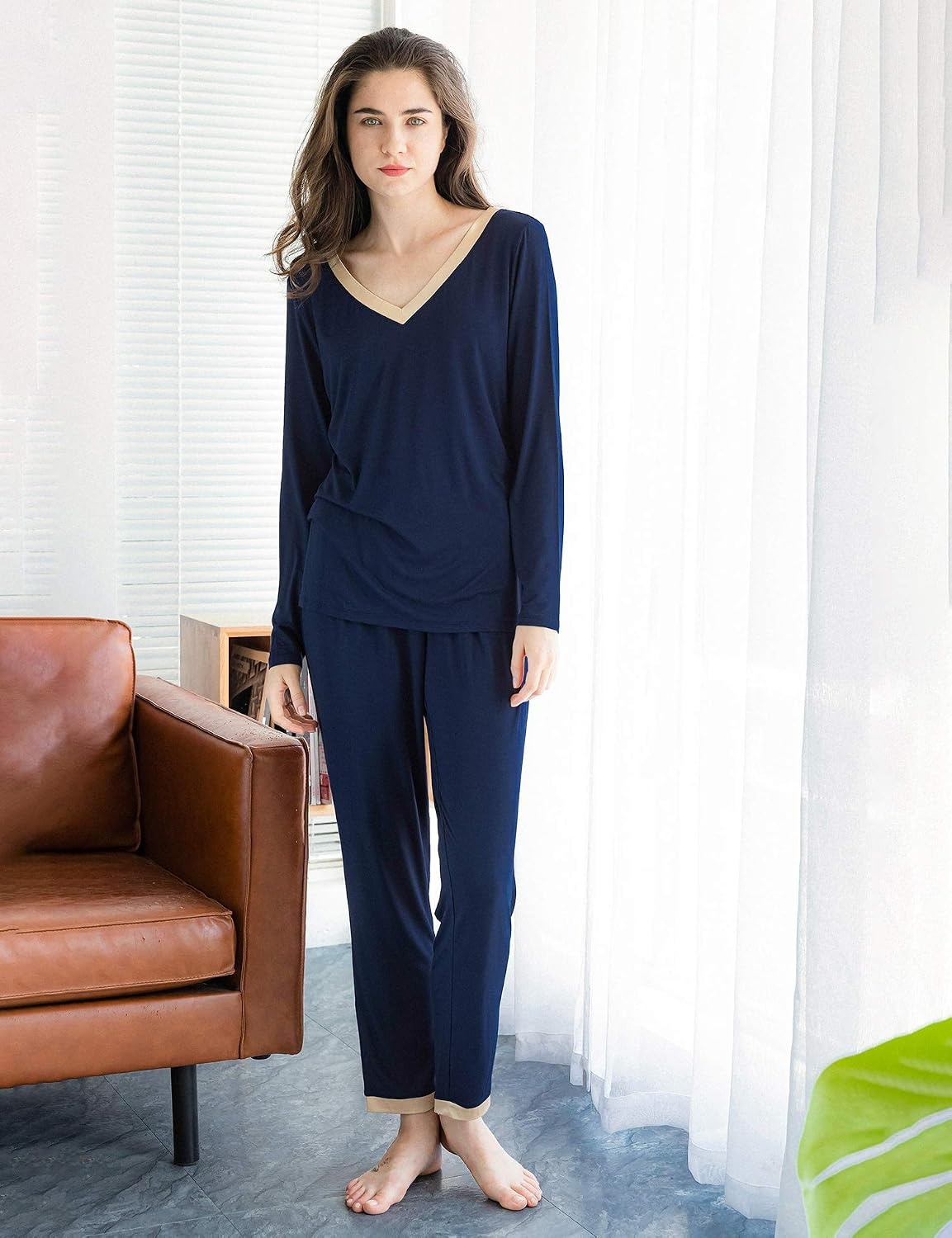 image:imageGYS Womens Bamboo Viscose Long Sleeve Pajamas SetNavy