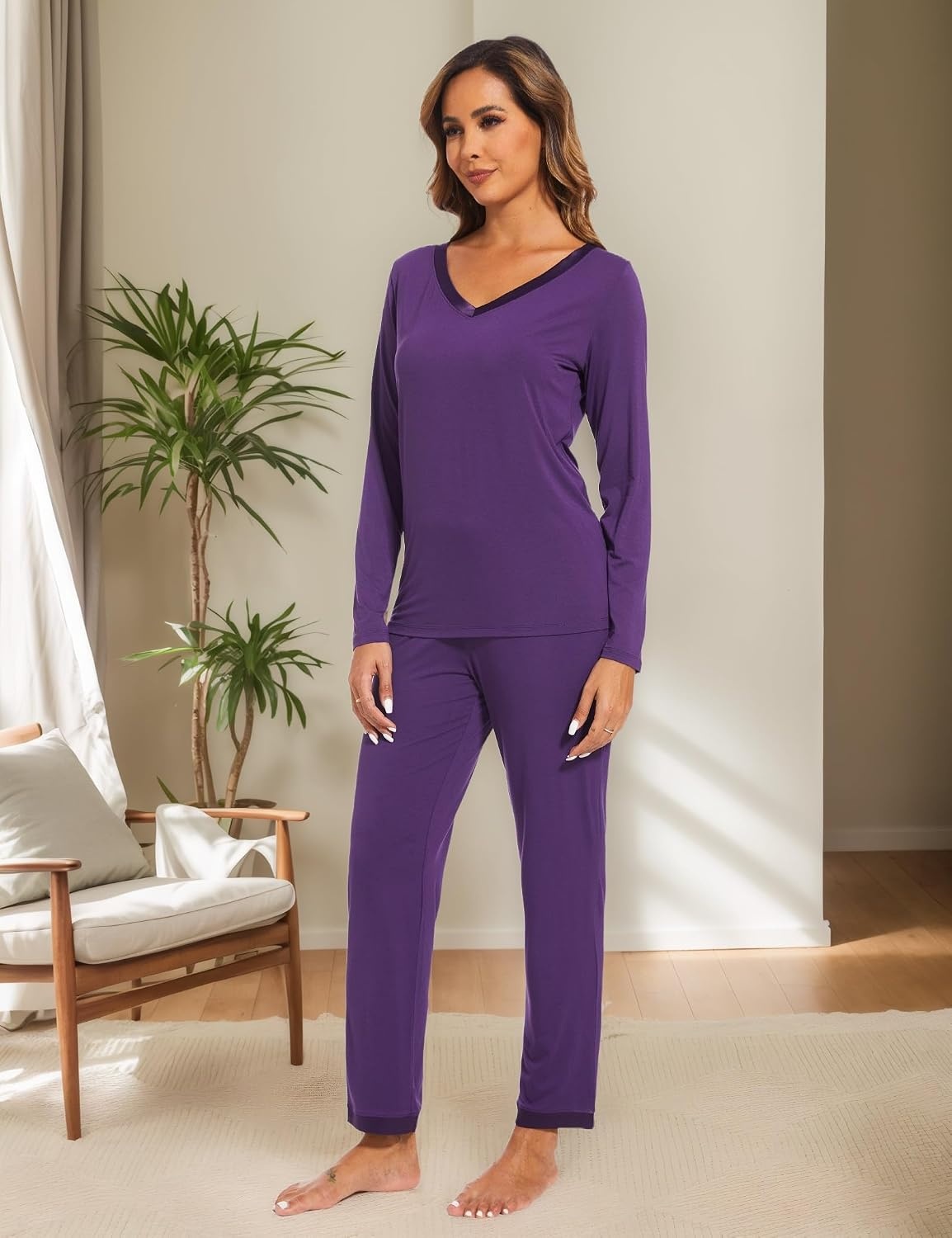image:imageGYS Womens Bamboo Viscose Long Sleeve Pajamas SetPurple
