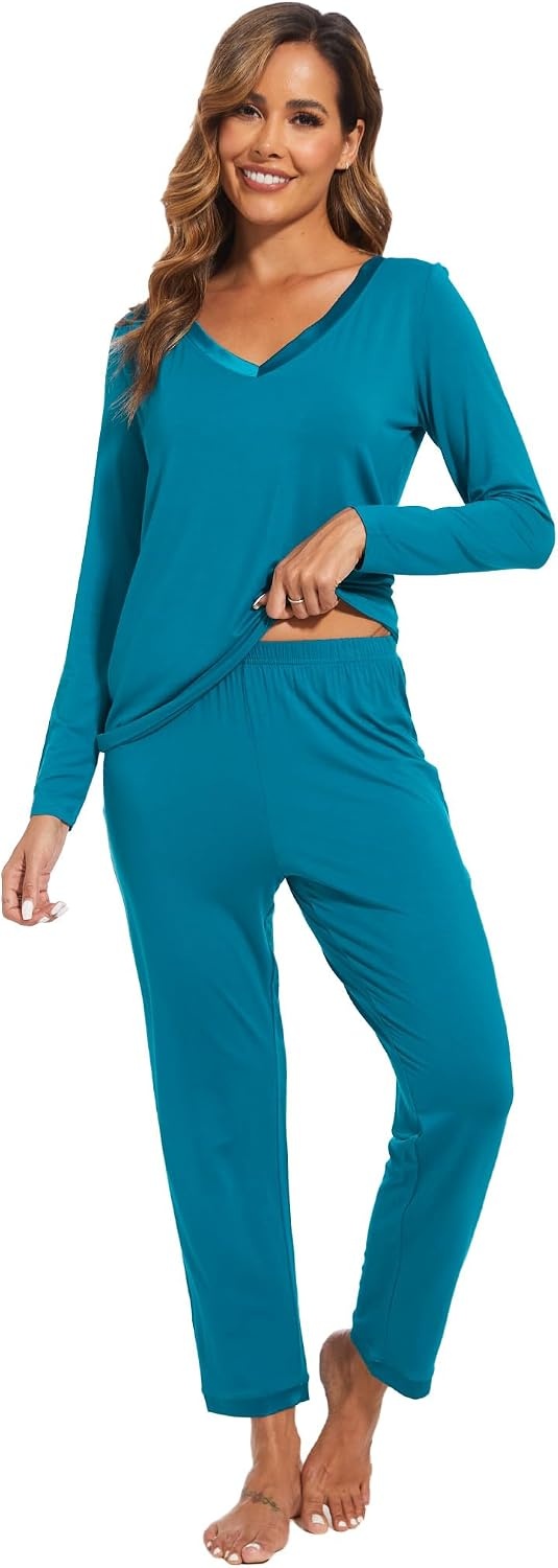image:imageGYS Womens Bamboo Viscose Long Sleeve Pajamas SetTeal Blue