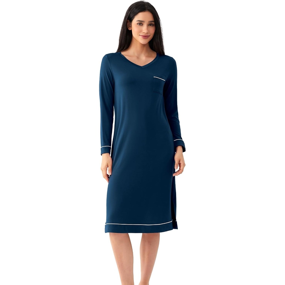 image:imageGYS Bamboo Viscose Nightgowns for Women Soft Long Sleeve VNeck Sleep ShirtInk Blue