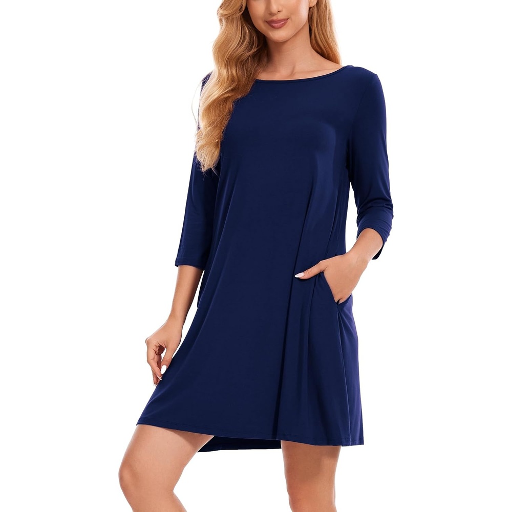 image:imageGYS Womens Bamboo Viscose 34 Sleeve Vneck NightgownNavy