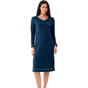 GYS Bamboo Viscose Nightgowns for Women Soft Long Sleeve V-Neck Sleep Shirt(Ink Blue)