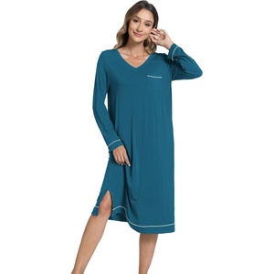 GYS Bamboo Viscose Nightgowns for Women Soft Long Sleeve V-Neck Sleep Shirt(Teal Blue)