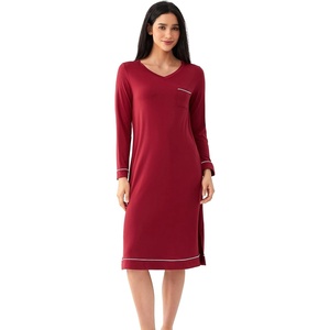 GYS Bamboo Viscose Nightgowns for Women Soft Long Sleeve V-Neck Sleep Shirt(Wine)