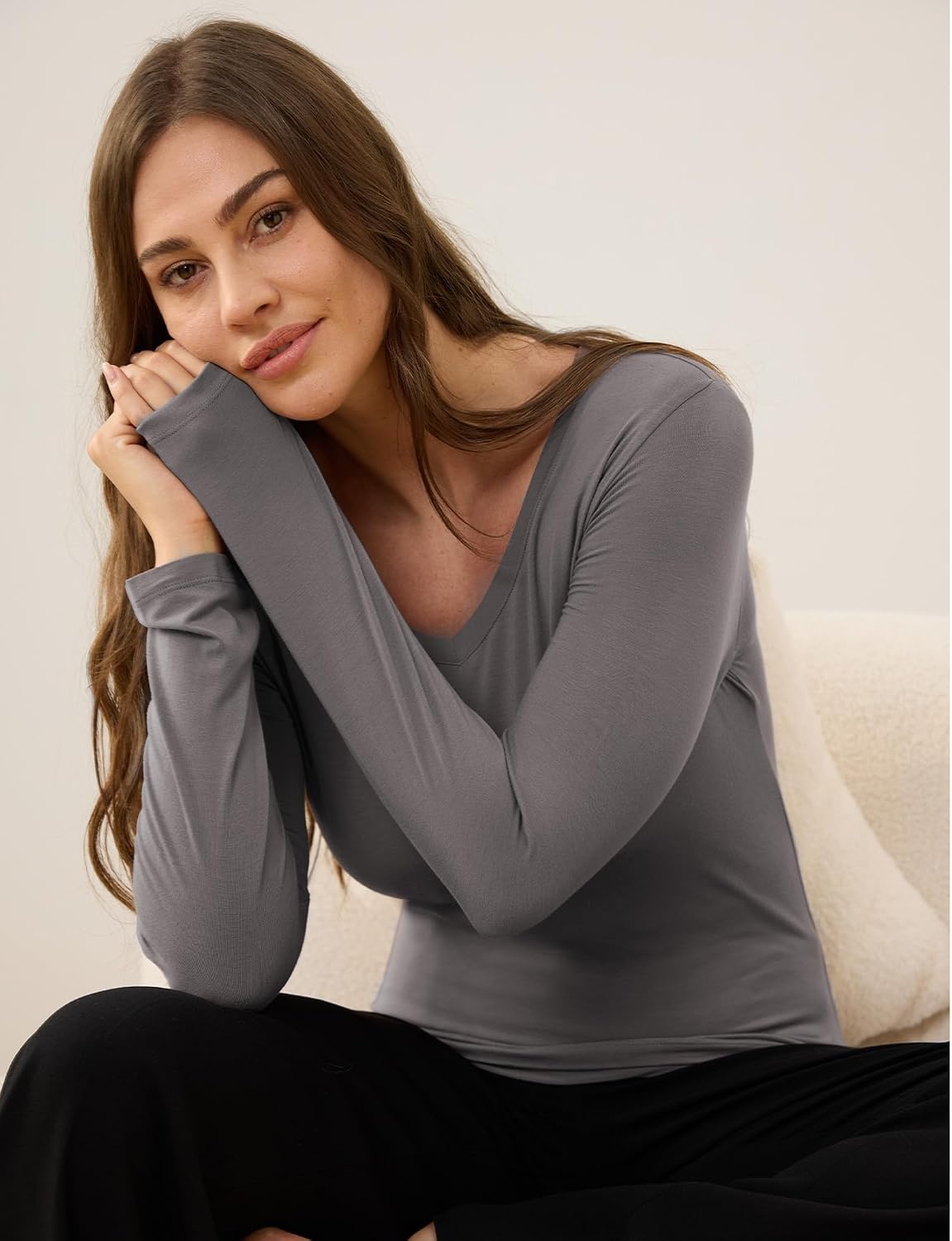 image:imageGYS Bamboo Viscose Womens Pajama Tops VNeck Long Sleeve Base Layer TeesV Neckgrey