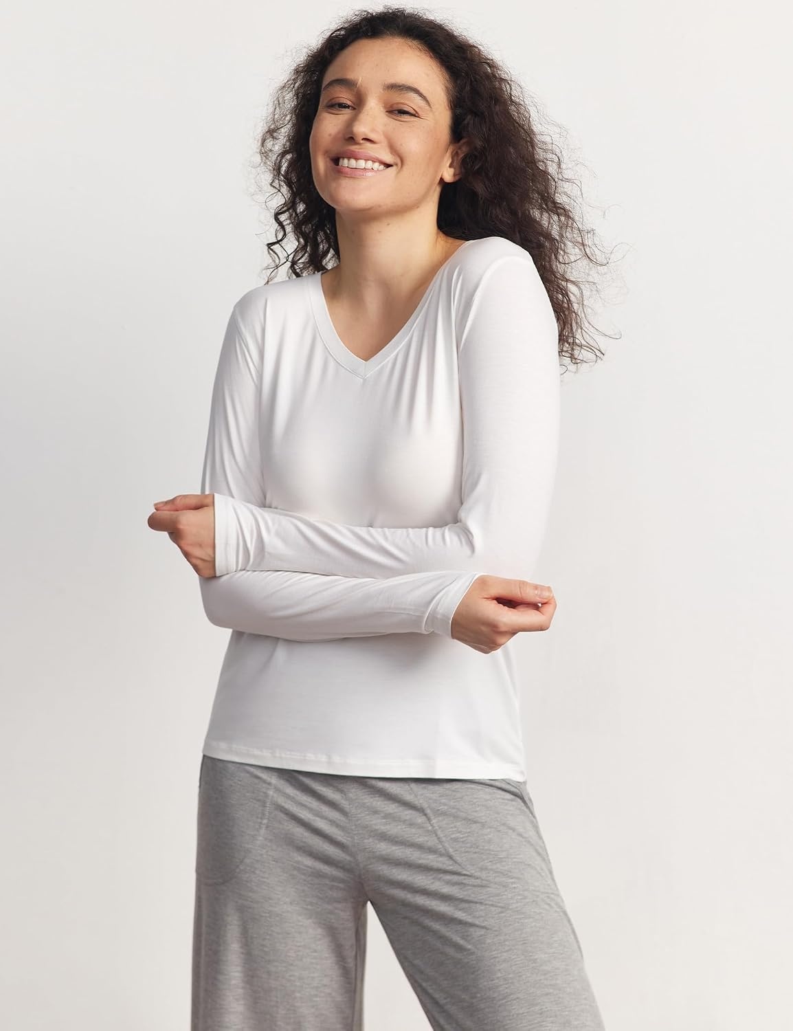 image:imageGYS Bamboo Viscose Womens Pajama Tops VNeck Long Sleeve Base Layer TeesV Neckwhite