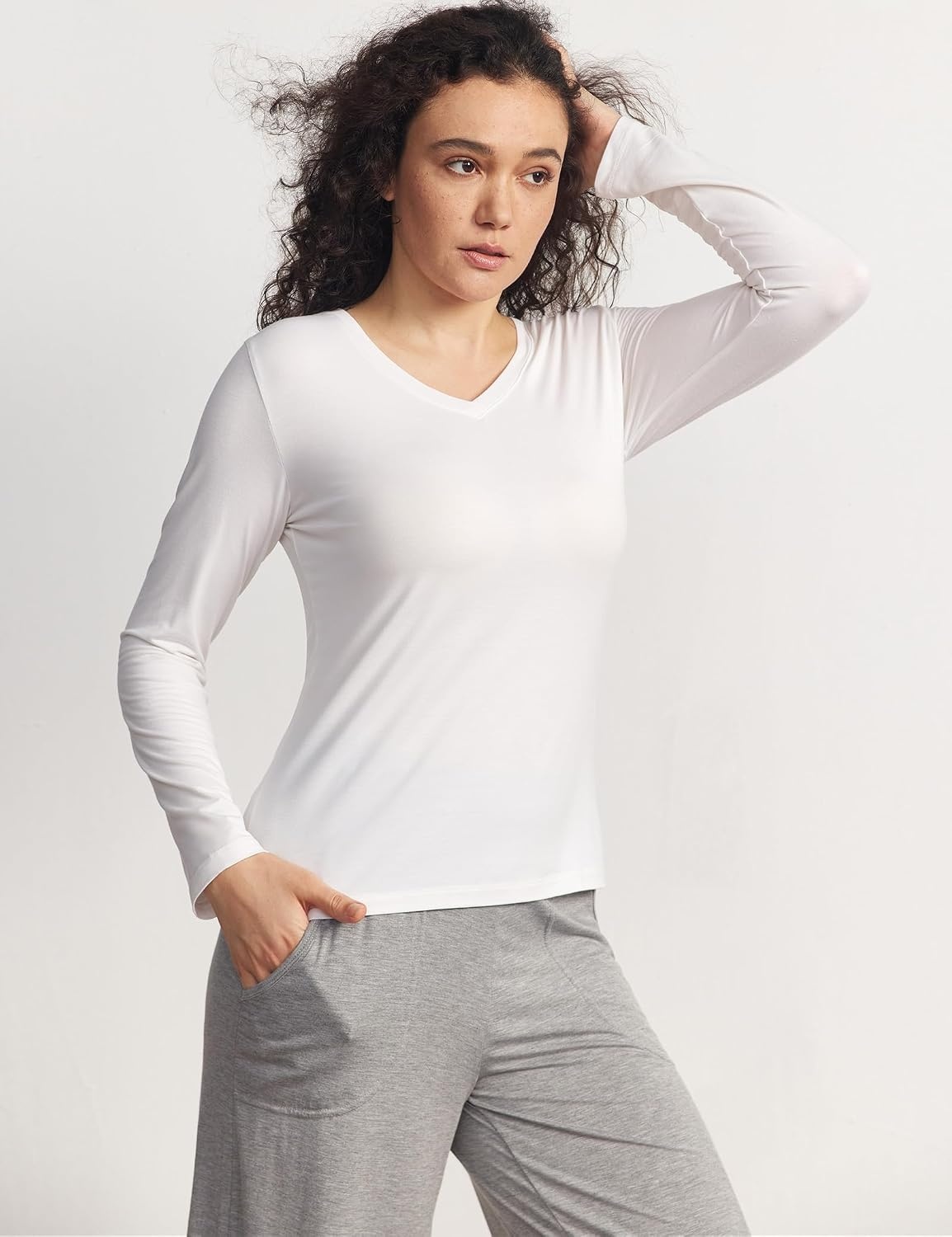 image:imageGYS Bamboo Viscose Womens Pajama Tops VNeck Long Sleeve Base Layer TeesV Neckwhite