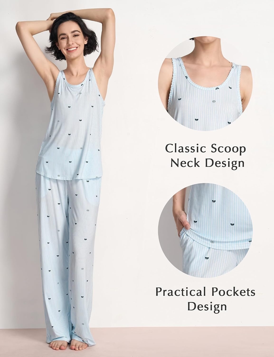 image:imageGYS Womens Bamboo Viscose Cooling U Neck Tank Pajama SetBlue Stripes