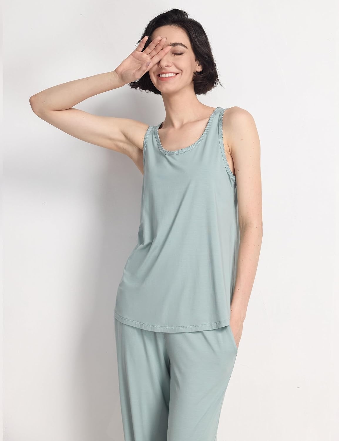 image:imageGYS Womens Bamboo Viscose Cooling U Neck Tank Pajama SetLight Greyish Green