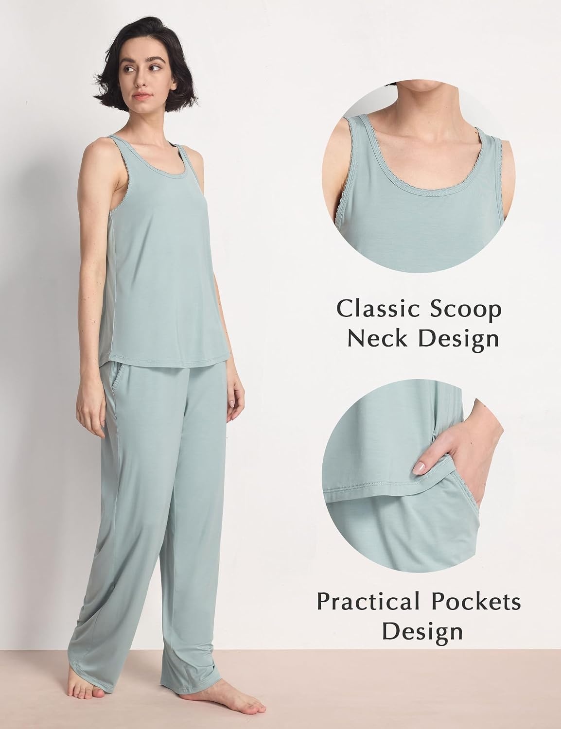 image:imageGYS Womens Bamboo Viscose Cooling U Neck Tank Pajama SetLight Greyish Green