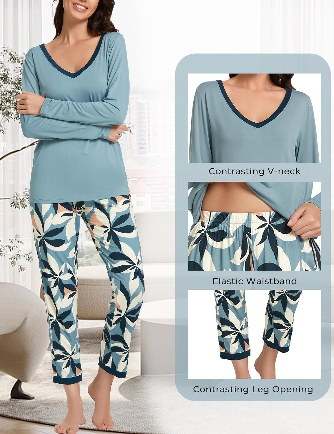 image:imageGYS Womens Bamboo Viscose Long Sleeve Pajamas Set