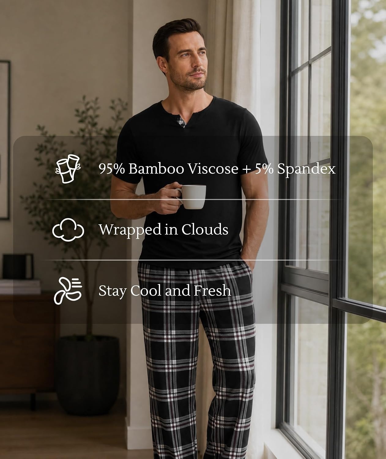 image:imageGYS Bamboo Viscose Mens Pajama Sets UltraSoft Short Sleeve SleepwearBlack