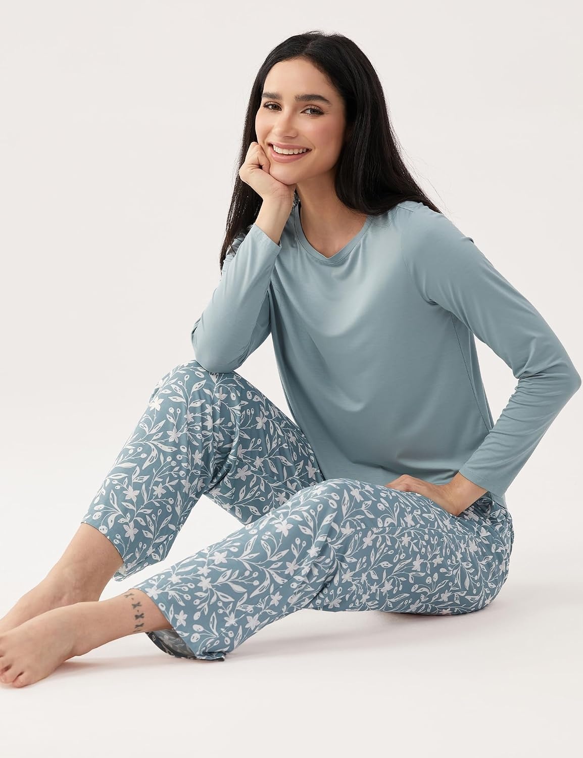 image:imageGYS Bamboo Viscose Pajama Sets for Women UltraSoft Long Sleeve SleepwearGreyish GreenFlower