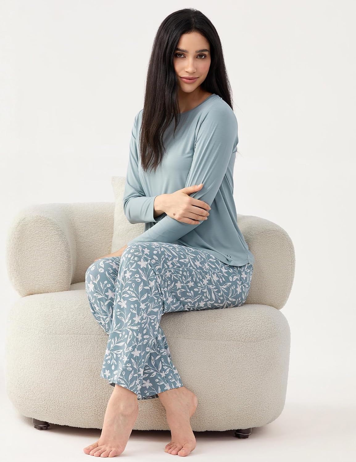 image:imageGYS Bamboo Viscose Pajama Sets for Women UltraSoft Long Sleeve SleepwearGreyish GreenFlower