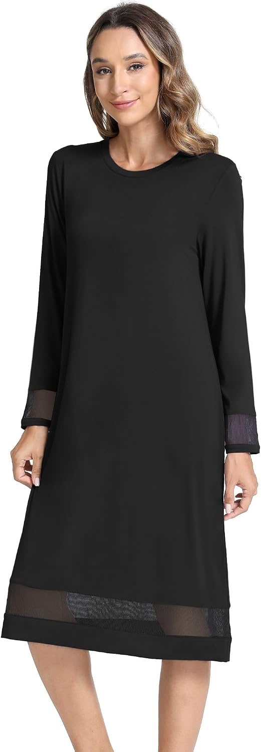 image:imageGYS Womens Bamboo Viscose Lace Spliced Long Sleeve NightgownBlack