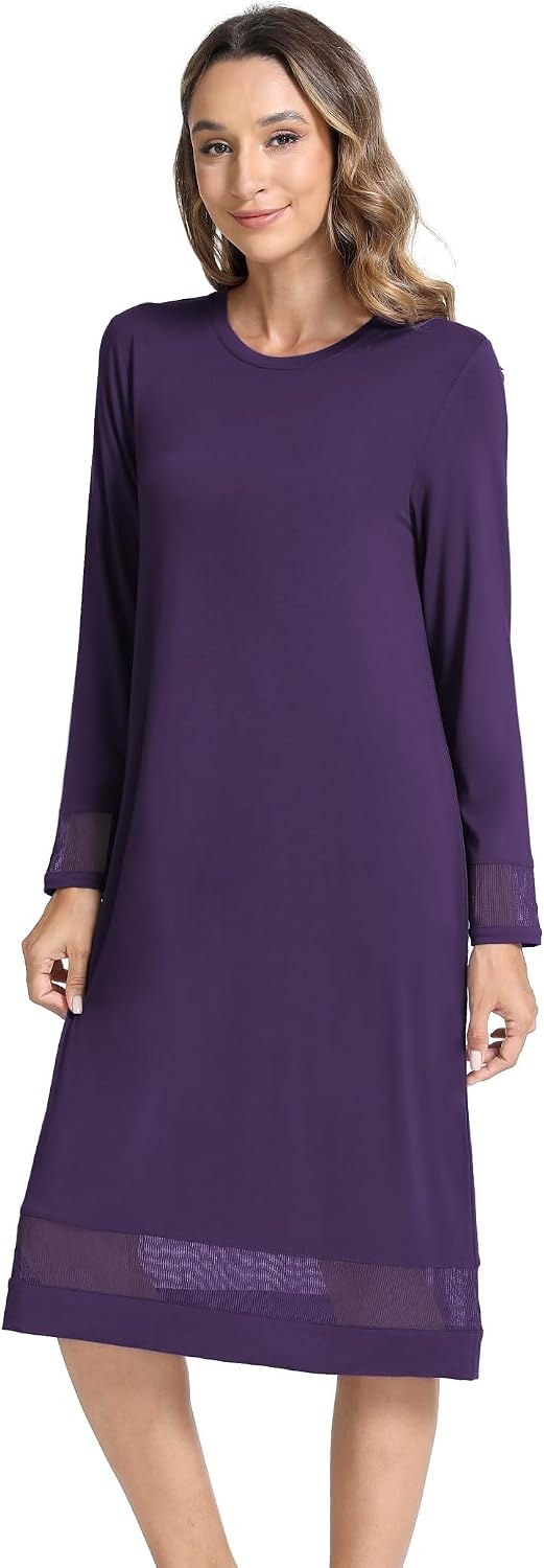 image:imageGYS Womens Bamboo Viscose Lace Spliced Long Sleeve NightgownDeep Purple