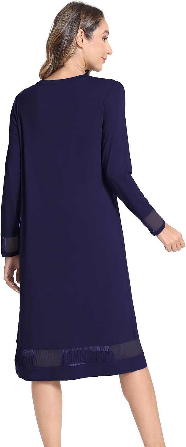 image:imageGYS Womens Bamboo Viscose Lace Spliced Long Sleeve NightgownNavy