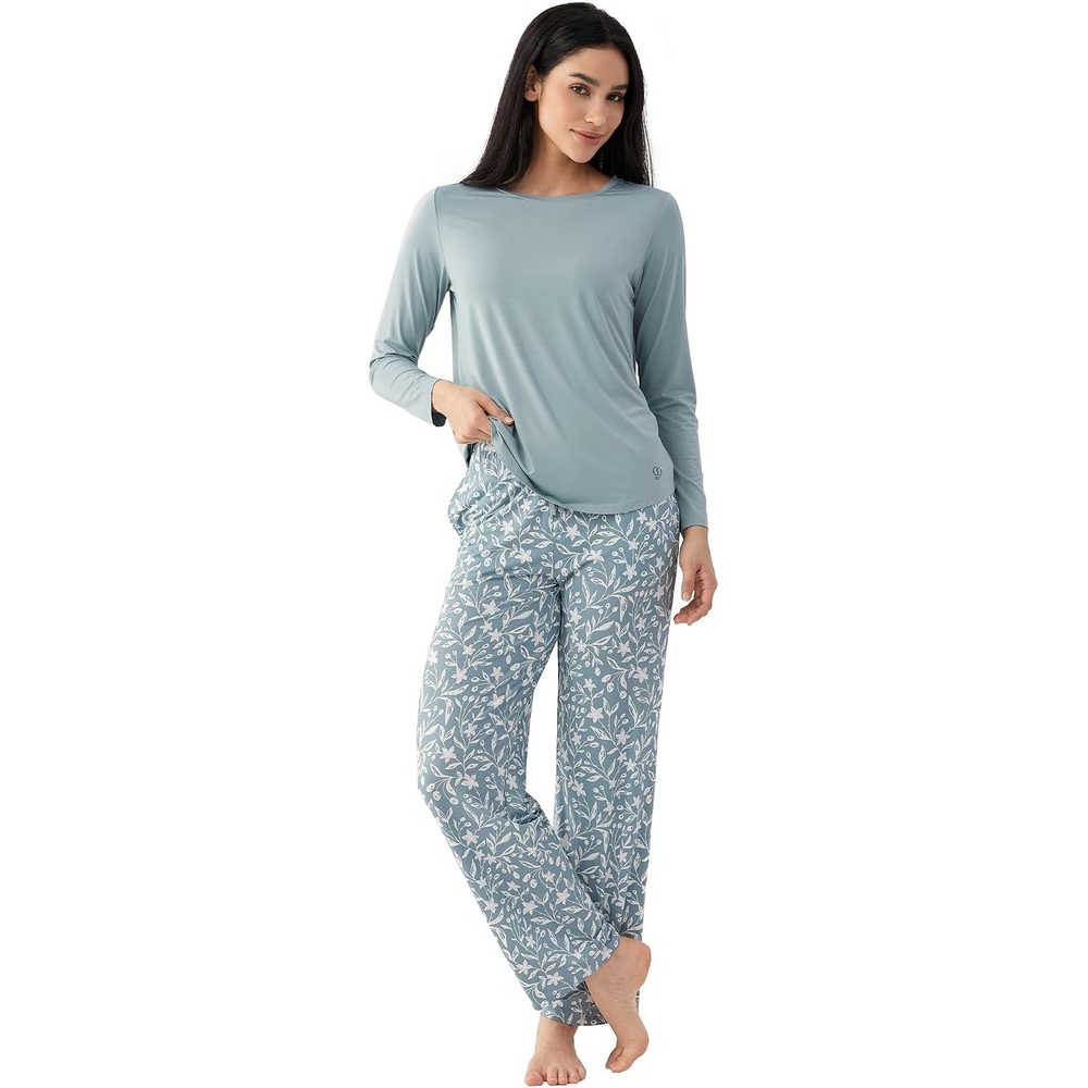 image:imageGYS Bamboo Viscose Pajama Sets for Women UltraSoft Long Sleeve SleepwearGreyish GreenFlower