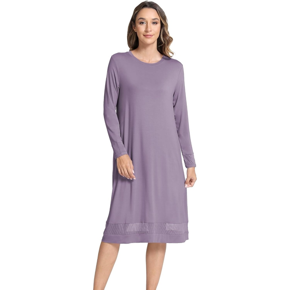 image:imageGYS Womens Bamboo Viscose Lace Spliced Long Sleeve NightgownViolet