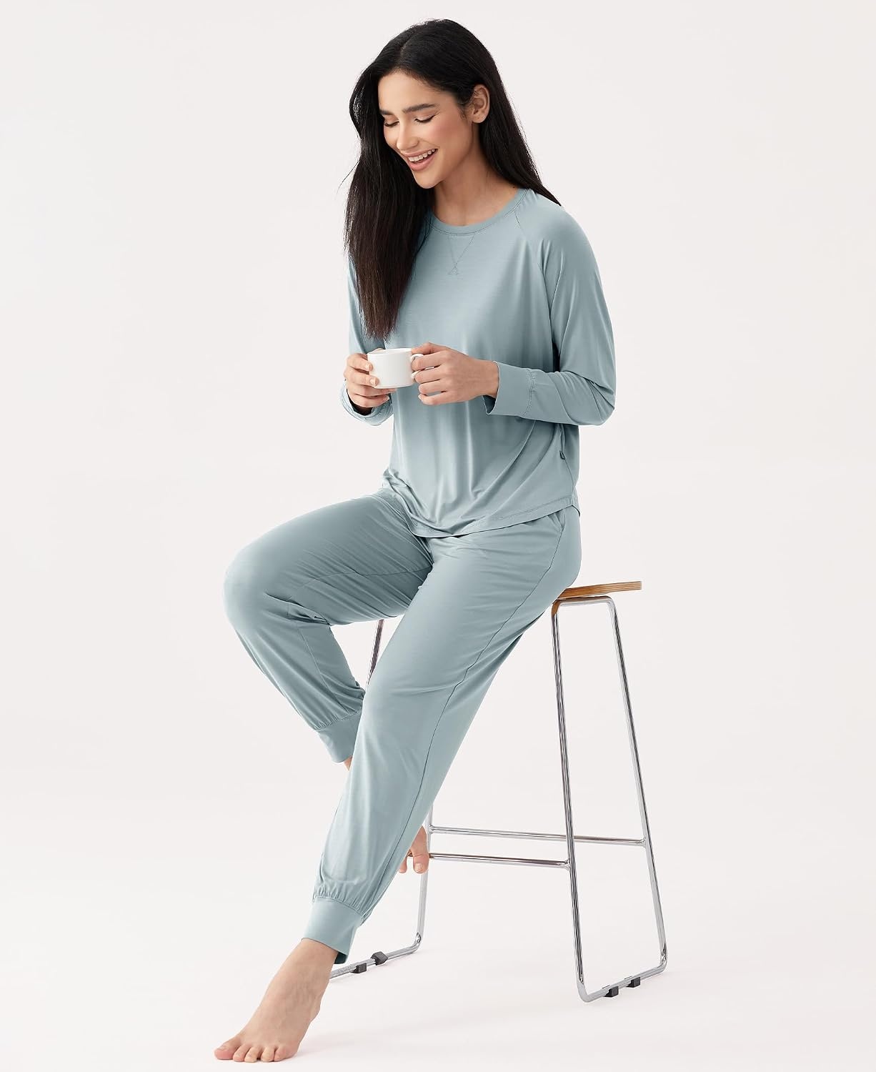 image:imageGYS Premium Womens Bamboo Viscose Jogger Pajama Set LT Greyish Green M