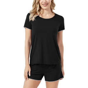 GYS Women’s Bamboo Viscose Cooling Ruffled Trim Pajama Set(Black)