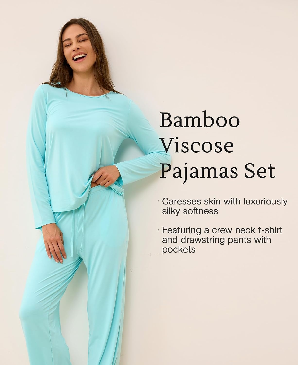 image:imageGYS Bamboo Viscose Pajamas for Women Set Long Sleeve Crew Neck SleepwearAqua