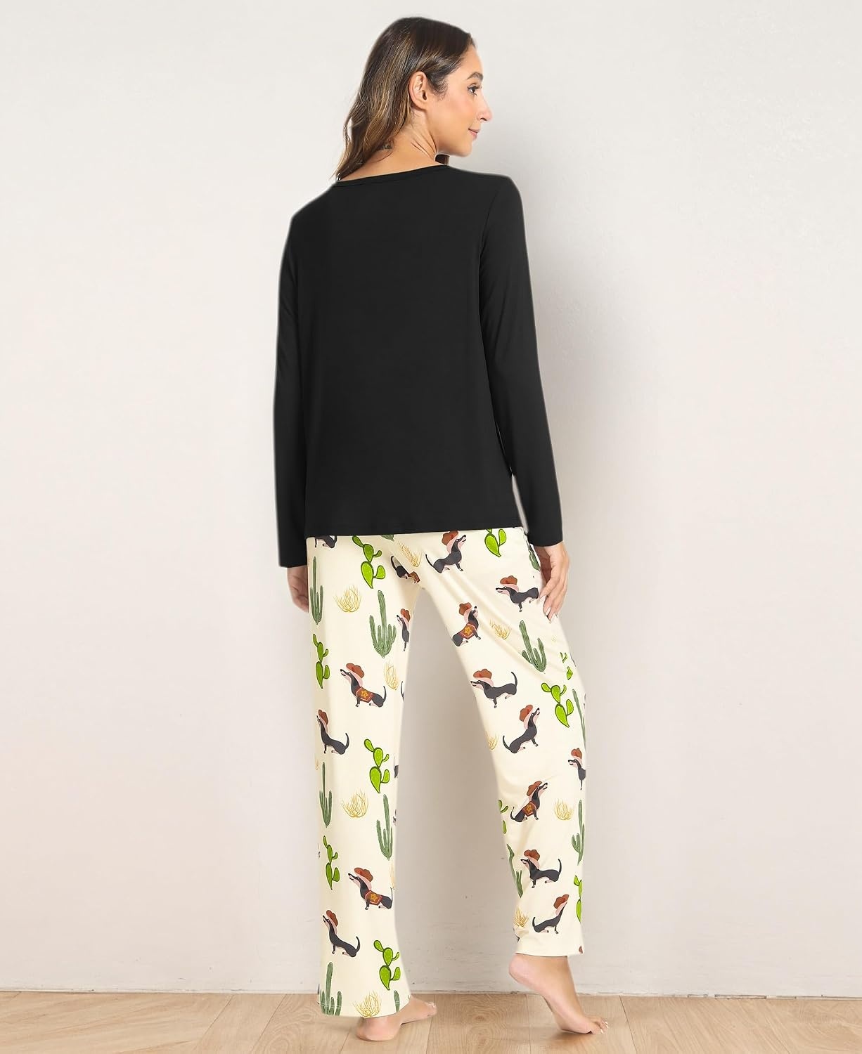 image:imageGYS Bamboo Viscose Pajamas for Women Set Long Sleeve Crew Neck SleepwearBlackCactus
